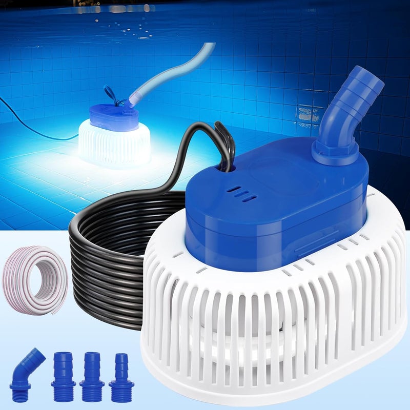 CoolPump Pool Cover Pump with Lights, Above Ground Sump Pump Submersible, Sump Pumps for Pool Draining, Water Removal Pumps with 16ft Drainage Hose & 25 ft Extra Long Power Cord,850 GPH,4 Adapters-Navy Blue - Image 1